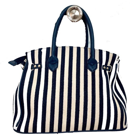 Blue & Cream Stripe Canvas with Vegan Leather Bag - Picture 2 of 4